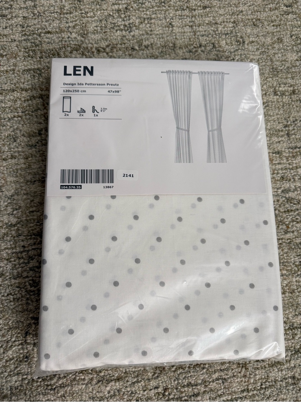 IKEA LEN Curtains with Tie-Backs
Color: white with grey polka-dot
NWT